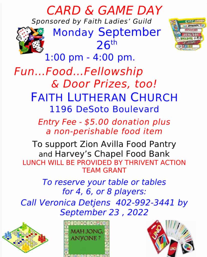 Faith Lutheran Ladies Guild Game and Card Party Flyer