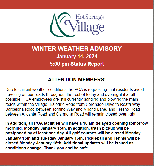 Winter Weather Advisory Update January 14 2024 5 p.m.